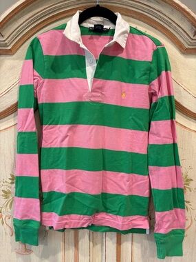 Ralph Lauren Blue Label Women’s Rugby Shirt Green and pink stripe size small